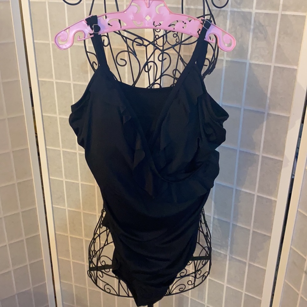 Black Ruffle Faux Wrap Swim Suit